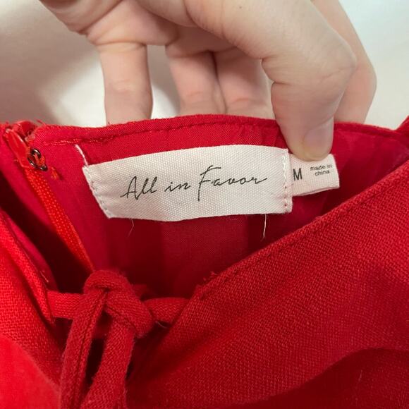 All In Favor Red Mini Dress M Womens Sleeveles V Neck Tie Detail Linen Ruffle - Picture 6 of 7